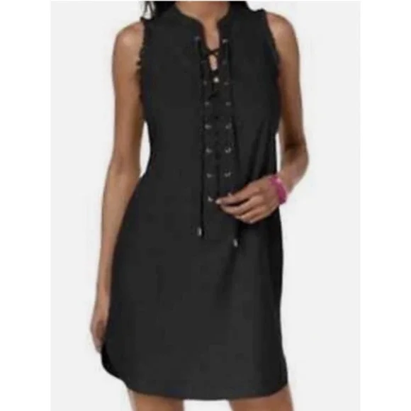 Trina Turk x I.N.C. Linen Blend Lace-Up Dress BLACK XL POCKETS Casual Slvls A42 - Picture 1 of 8